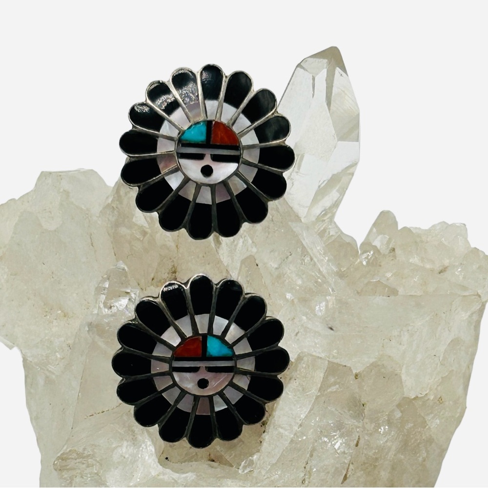 Fabulous Vintage Zuni Sterling Sunface Earrings Inlaid Gemstone